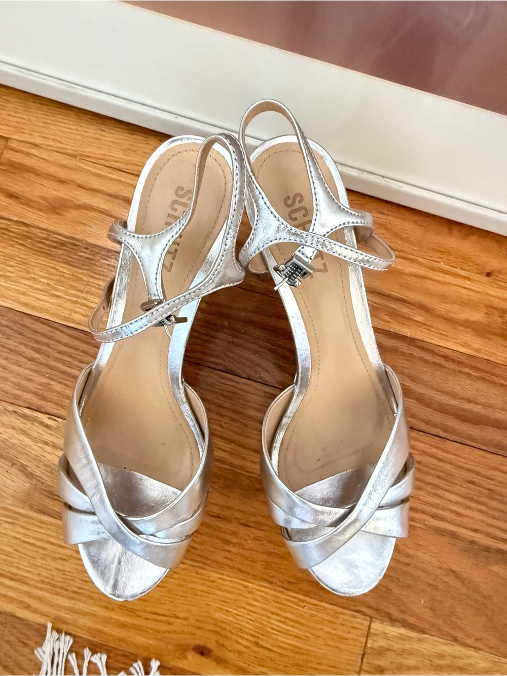 SCHUTZ Silver Metallic Strappy Heel Platform Sandals